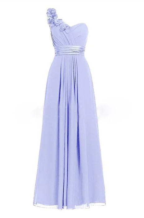 A lavender multi colored slanted neck sleeveless maxi dress made of chiffon with a floral embellishment at the shoulder and a silver satin belt.