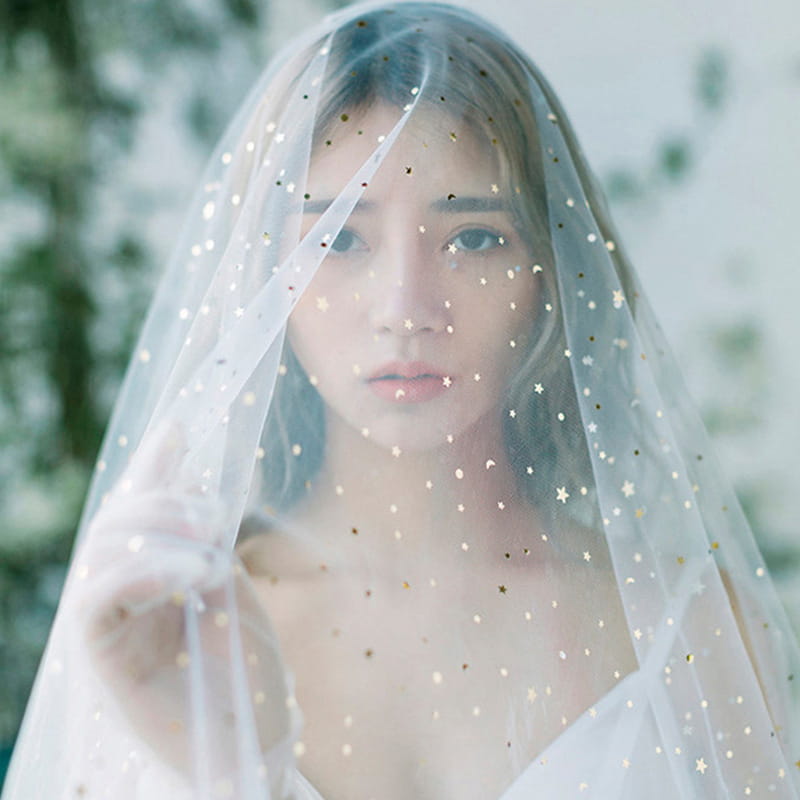 A delicate white tulle golden shiny big veil adorned with scattered gold star-shaped embellishments.