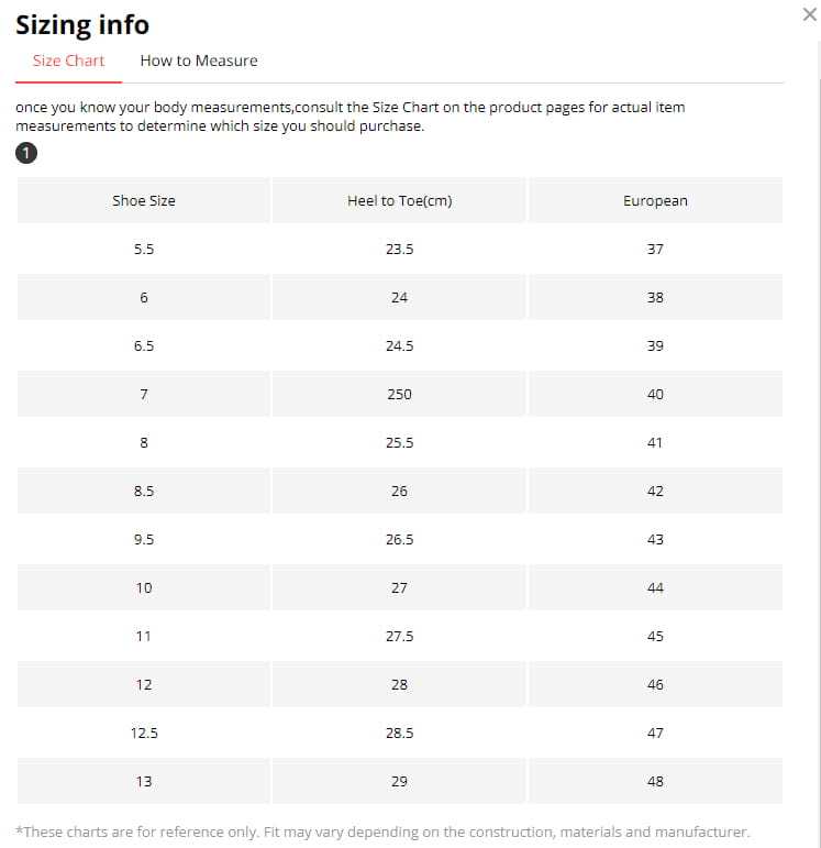 Shoe size conversion chart displaying heel-to-toe measurements in centimeters alongside european sizes for men’s casual leather shoes with red stitching.