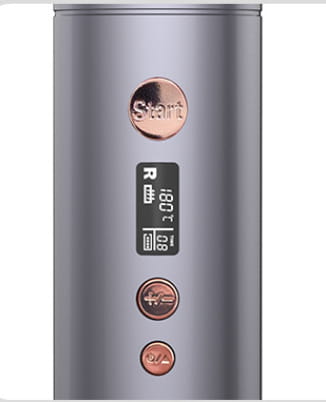 silver and rose gold wireless rechargeable curling iron electric with digital display showing wattage battery level and time