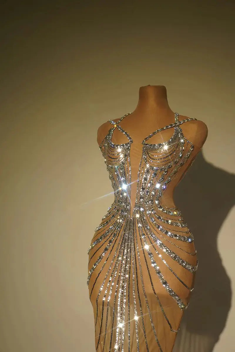 A dazzling silver rhinestone feather dress banquet gown with intricate cascading crystal embellishments and a form-fitting silhouette.