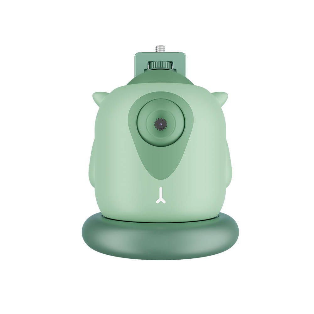 Mint green owl-shaped camera mount featuring a circular lens and small ears designed for teal owl gimbal ai face recognition and intelligent follow-up functionality.