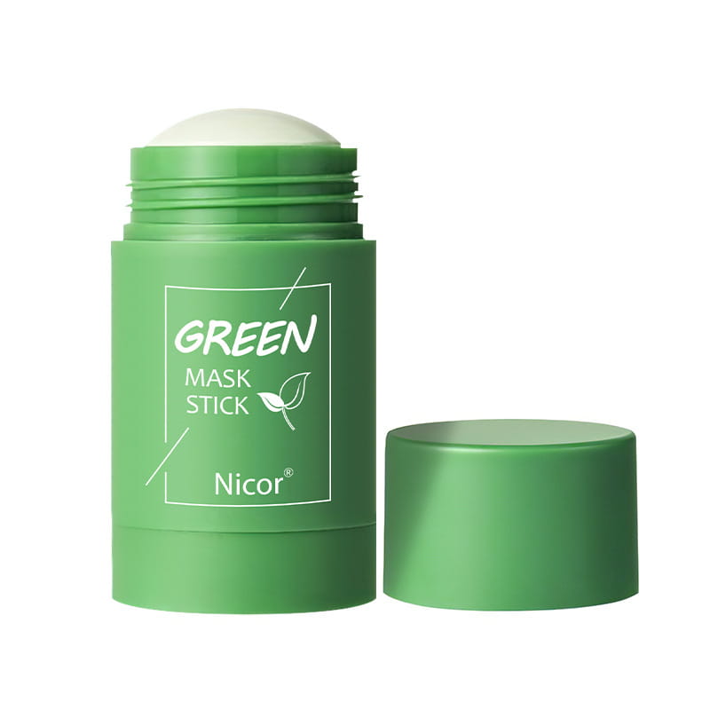green cylindrical nicor green cleansing green tea and eggplant oil control mask stick with matte finish body, white cap, and matching green lid featuring minimalist white text.