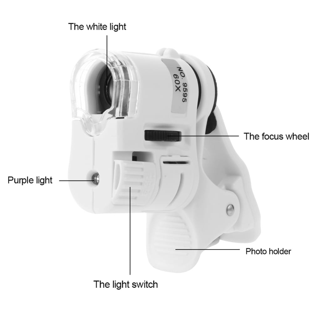 white plastic handheld digital microscope camera with clip featuring integrated white light and purple led light for illumination