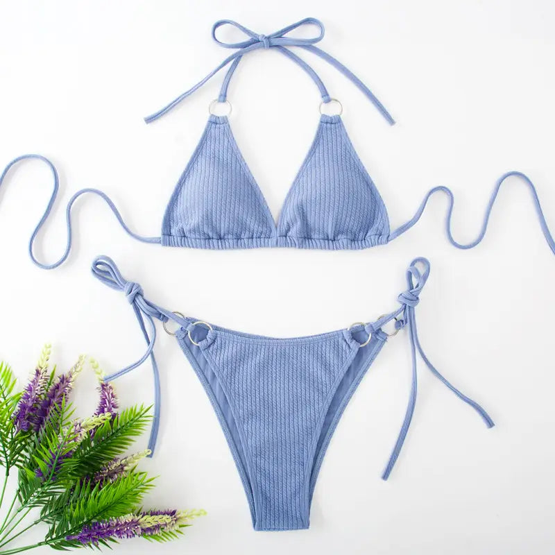 Light blue ribbed sexy bikini set with adjustable tie thong bandage and silver ring accents ideal for bikini set summer.
