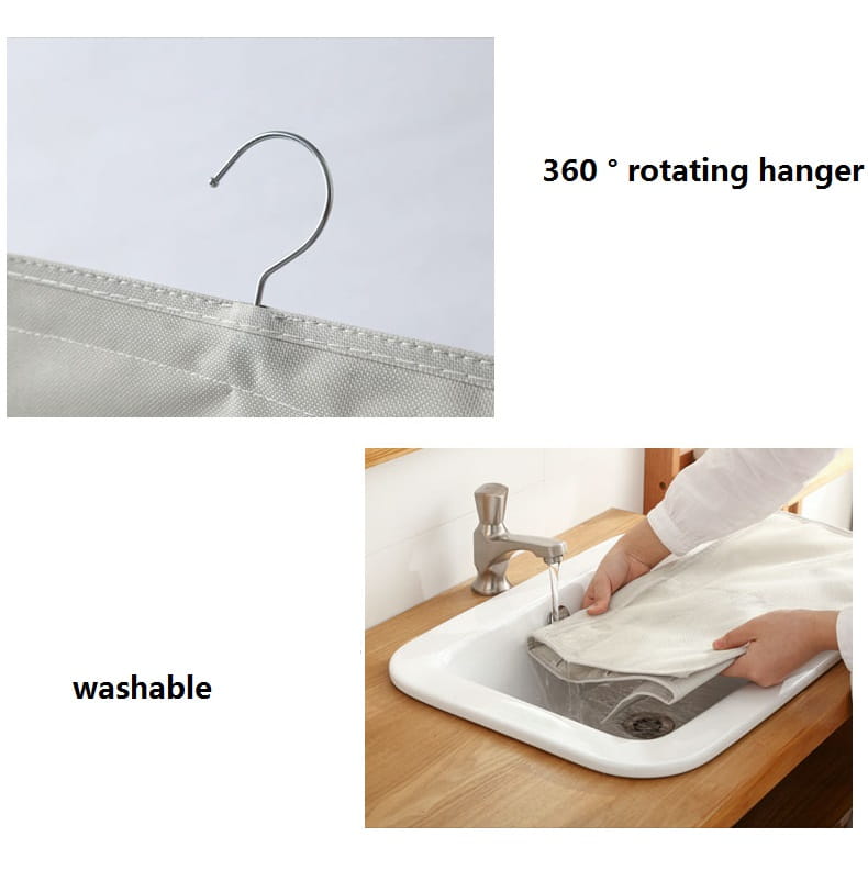 Gray mesh bra hanging storage bag featuring a silver metal 360-degree rotating hanging type with a fabric-covered base for efficient hanging storage bag use.