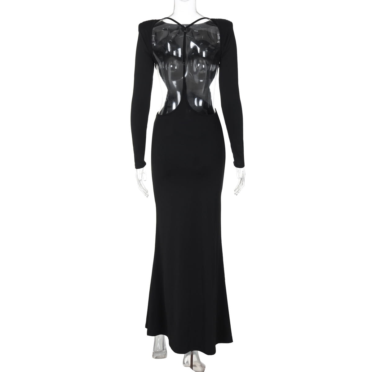 black long sleeve dress featuring a glossy transparent plastic panel across the torso designed for a sexy hot girl look