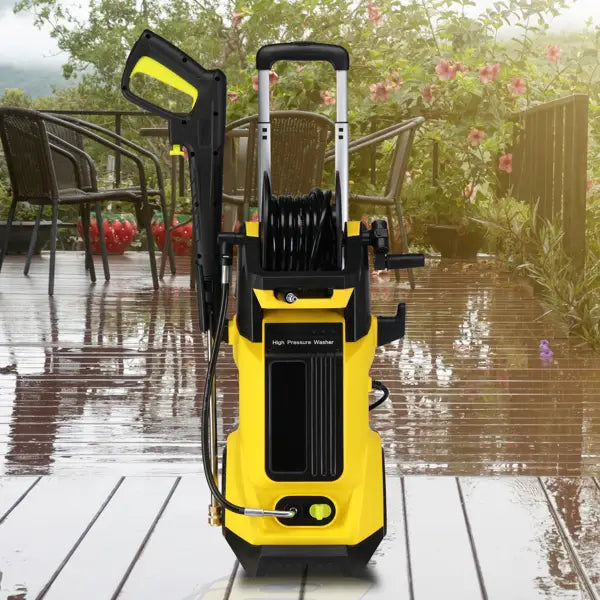 Yellow and black high pressure cleaning machine featuring a portable design with a coiled hose, handle, and trigger gun for efficient pressure cleaning.