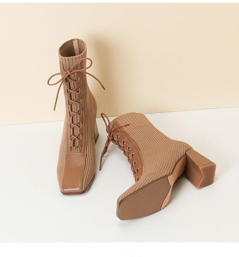 Tan lace up square toe chunky heel knit boots feature tan ribbed knit material with square toe chunky heel design for fashion patchwork knitting style.
