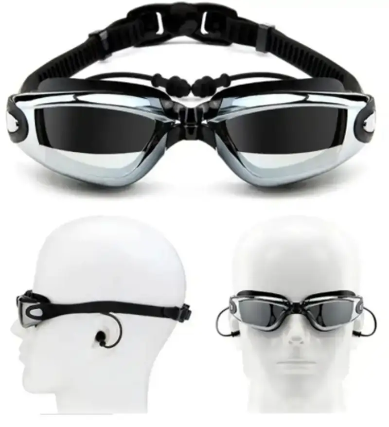 Black and silver mirrored waterproof swimming goggles with a sleek modern design and adjustable straps for a secure fit.