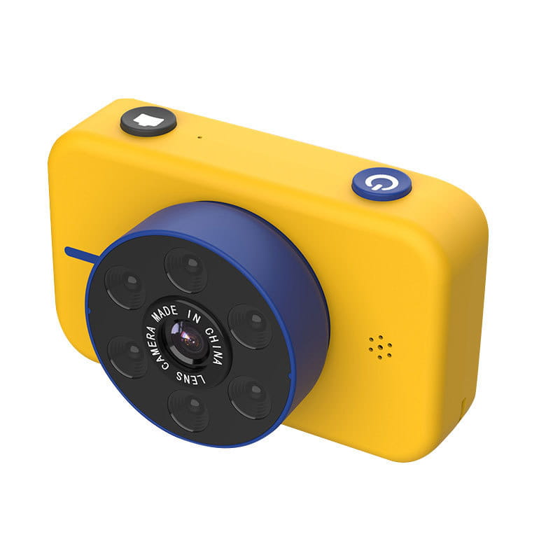 bright yellow digital mini camera for children with blue circular lens assembly and black accents in a pink digital mini camera product line