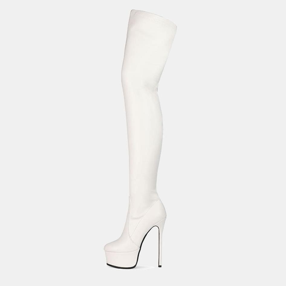 White knee high heel boots with a platform sole and thin stiletto-style high heel featured in Pink Patent Platform High Heel Boots collection