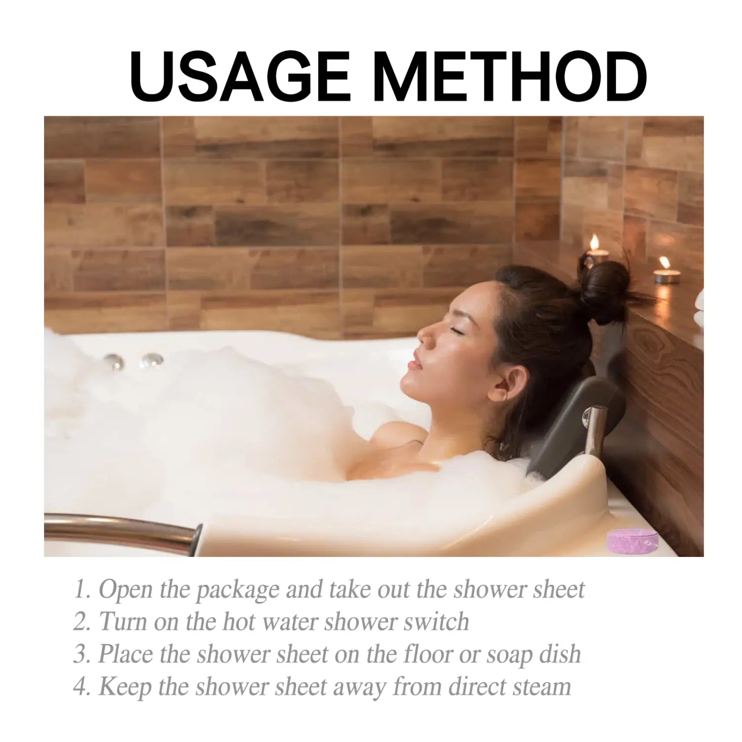 Black shower sheet with smooth waterproof surface and rounded edges for use with lavender aromatherapy shower tablets promoting body cleansing and moisturizing skincare.