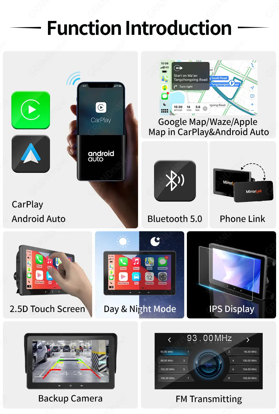 Black 7 inch wireless carplay display with touchscreen showing carplay interface and android auto logo designed for cigarette lighter connection in vehicles.
