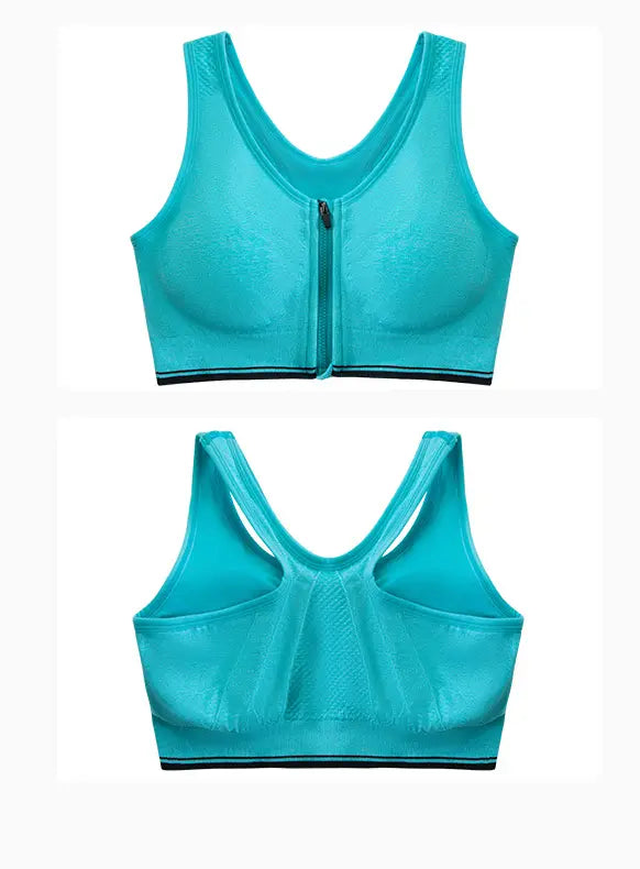Turquoise sports bra with a front zipper and black trim designed as a zipper sports bra for active use.