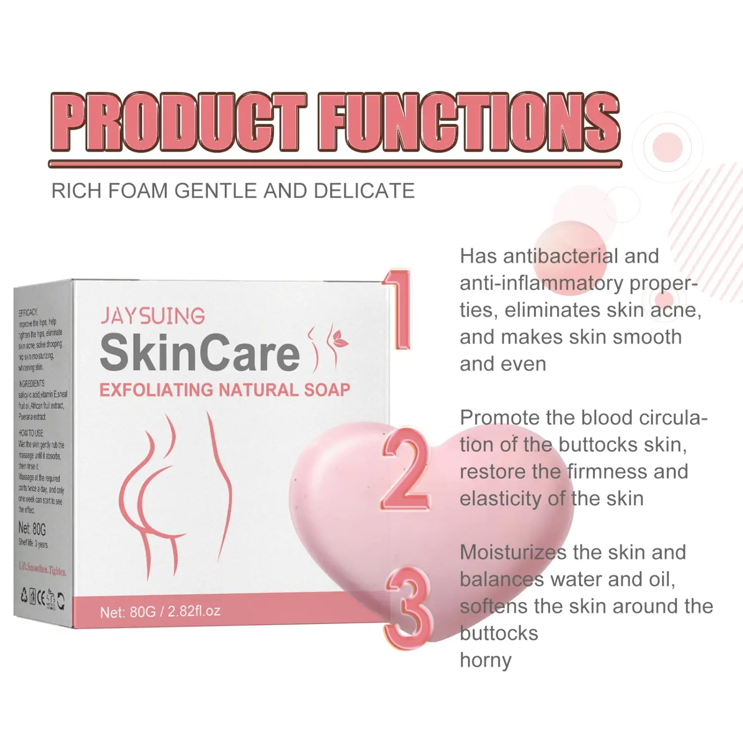 pink heart-shaped exfoliating bath soap in a white and pink jaysuing skincare box designed to remove acne and cleanse skin effectively