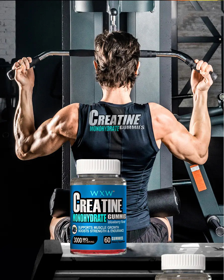 A blue and white labeled bottle of wxx creatine monohydrate gummies in blueberry flavor, ideal for those seeking creatine gummies as a dietary supplement.
