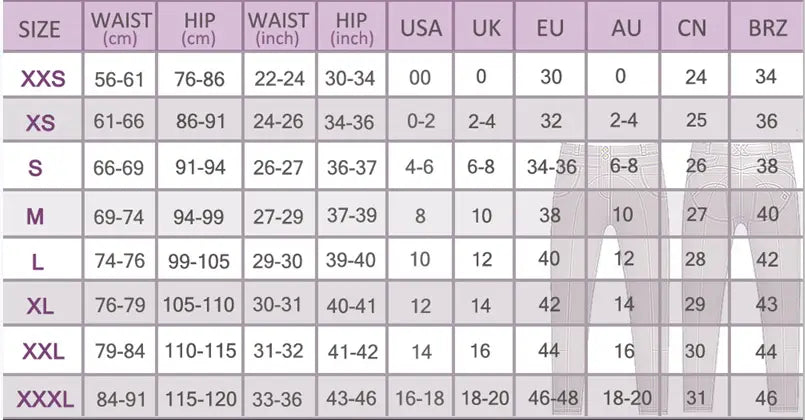 Size chart for shascullfites melody middle waist sand camo shorts showing measurements in centimeters and inches across various international sizing standards.