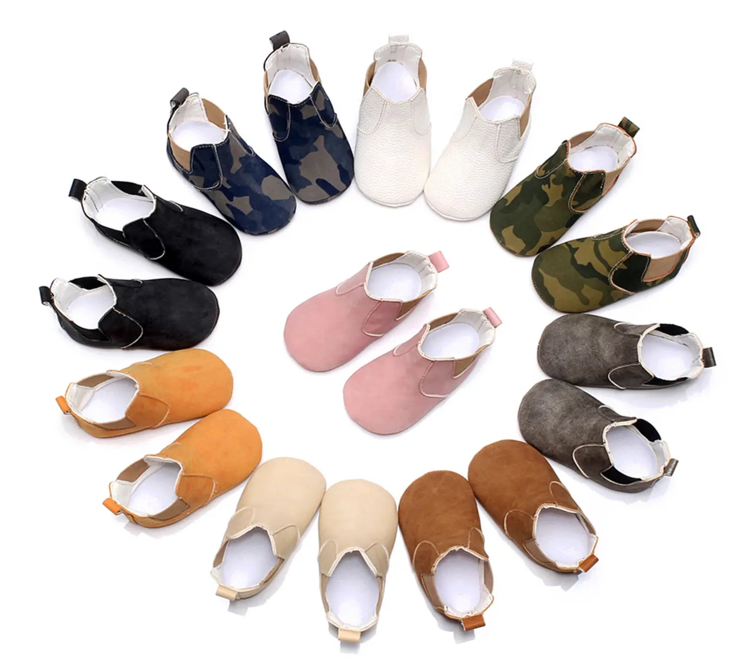 a collection of soft suede baby shoes baby in various solid colors and camouflage patterns designed as toddler booties from baby xie shoes