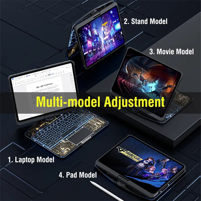 black convertible tablet with detachable keyboard featuring a core transparent rotating design and integrated pen slot for keyboard protective use