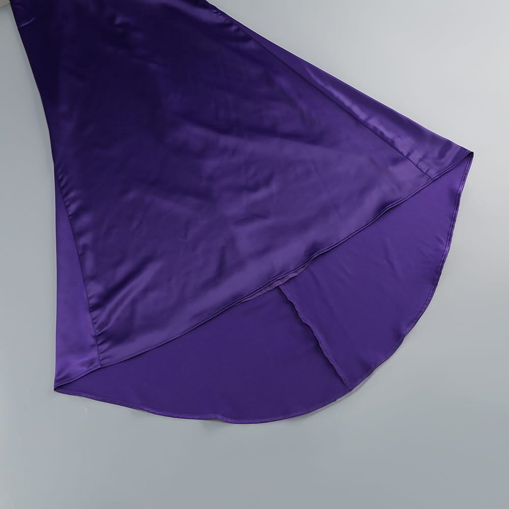 a one shoulder fitted high waist purple satin rose gown with rich deep purple satin fabric featuring a smooth glossy finish and neatly stitched edges
