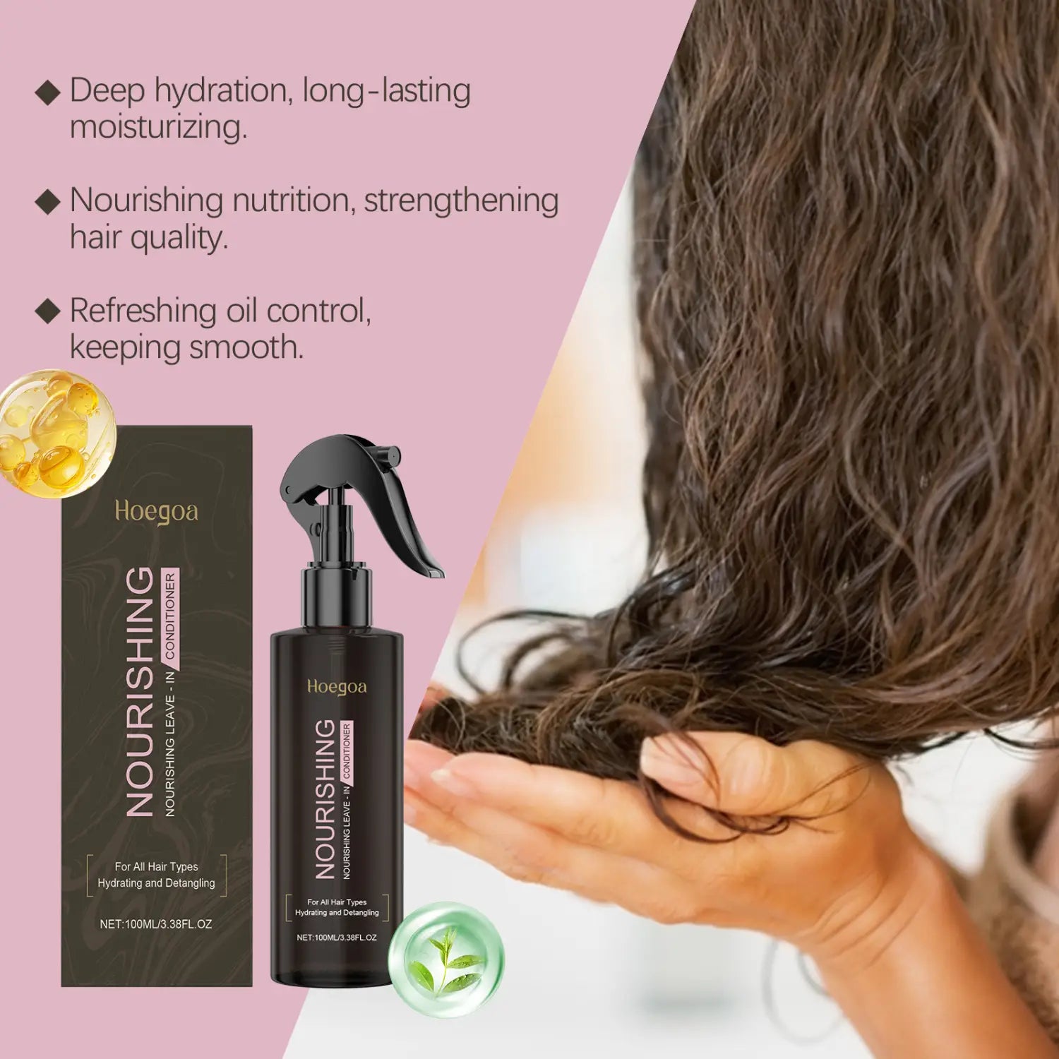 Black spray bottle with black nozzle and trigger labeled hoegoa nourishing leave-in conditioner for nourishing disposable hair care leave-in spray.