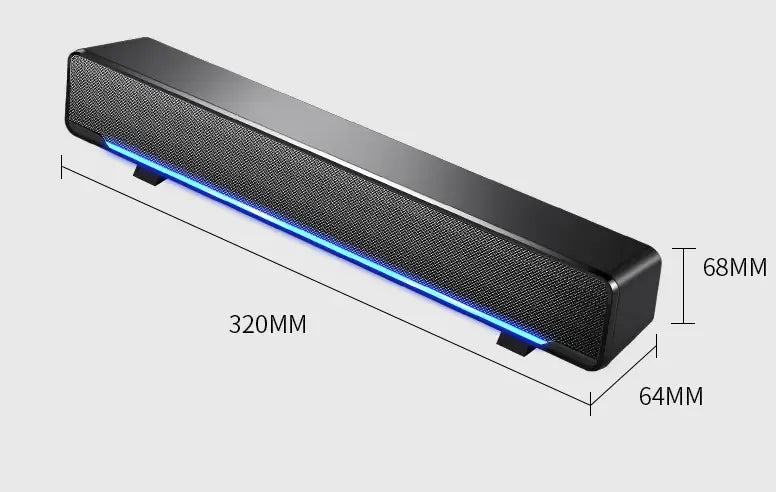 Black rectangular bluetooth dual-mode upgrade soundbar with textured surface and illuminated blue led strip along the bottom edge for enhanced audio experience and stylish color classification.