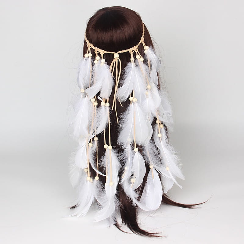 white feather hairband featuring a braided beige cord and small cream-colored beads as elegant feather hair accessories.