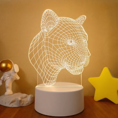 white wireframe 3d led lamp shaped like a tiger’s head featuring colorful touch remote control lights for decorative use in the dolphin 3d led night light series
