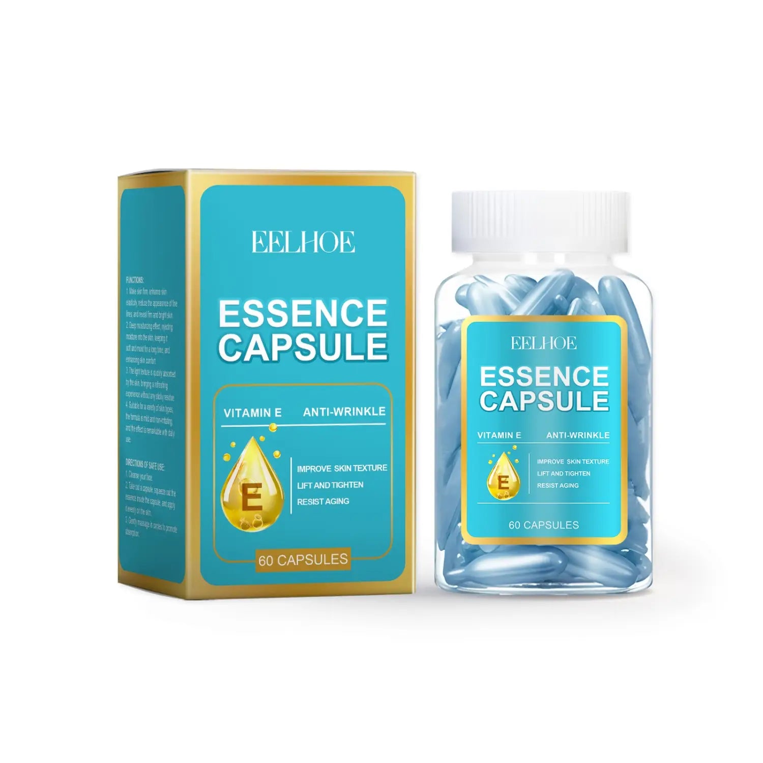 a clear bottle with white cap containing blue translucent facial anti aging capsules is packaged alongside a teal and gold box labeled eelhoe essence capsule designed for anti aging facial care