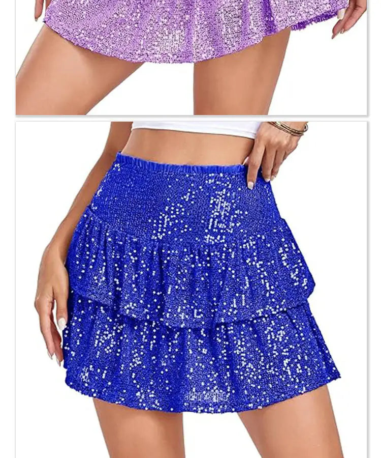 a vibrant royal blue sequin dance skirt with tiered layers ruffled hem and elastic waistband designed for performance sequin dance use