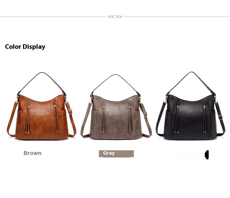 brown gray and black faux leather large capacity luxury women leather hobo shoulder bags with tassel details on front pockets