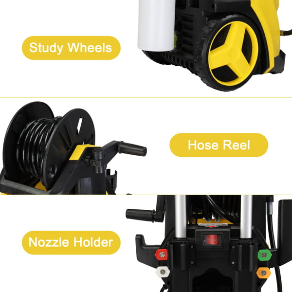 Yellow high pressure cleaning machine with hose reel in yellow and black featuring a white tank, sturdy wheels, hose reel, and nozzle holder for effective pressure cleaning.