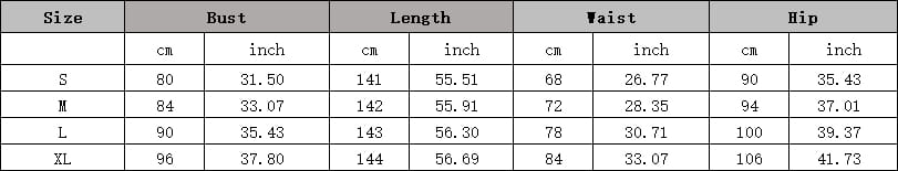 The image displays a size chart with measurements in centimeters and inches for the black velvet bow chest wrap hip high fork gown from size s to xl.