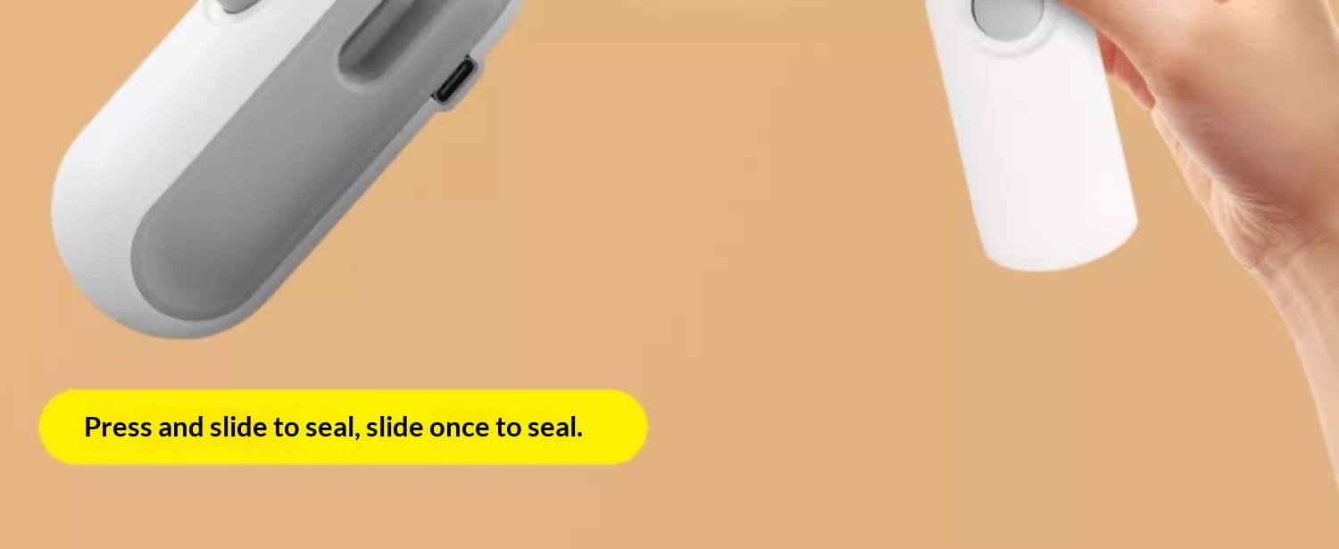 white and gray compact travel-sized spray bottle with a sleek minimalist design featured with a portable usb heat sealer and magnetic storage clip for convenient sealing and storage.