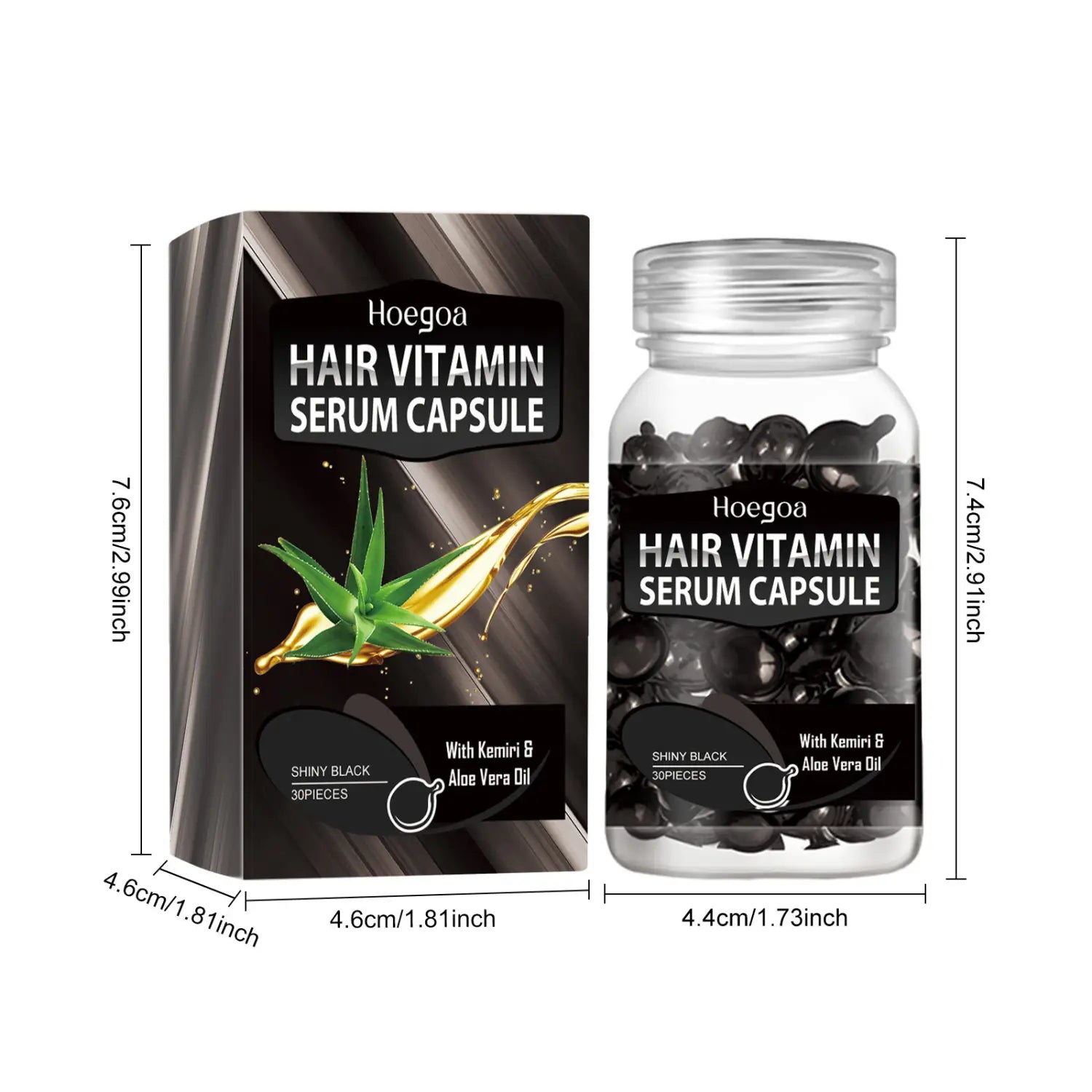 hoegoa hair care black capsule vitamin serum in a clear glass bottle with black shiny caps and matching packaging for advanced hair care.