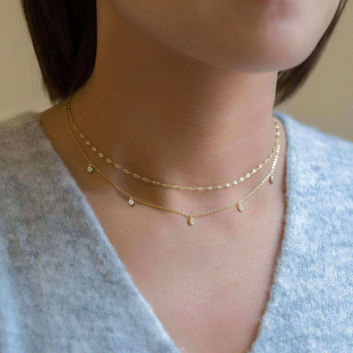 Dainty Waterdrop Chain Necklace Sideways CZ Pendant 14K Gold Plated for Women