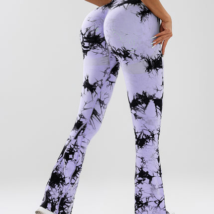High-Waist Tummy Control Flare Yoga Pants For Women, Tie-Dye Stretch Slimming Bootcut Workout Pants, Fitness & Sports Activewear - Royalessencelux