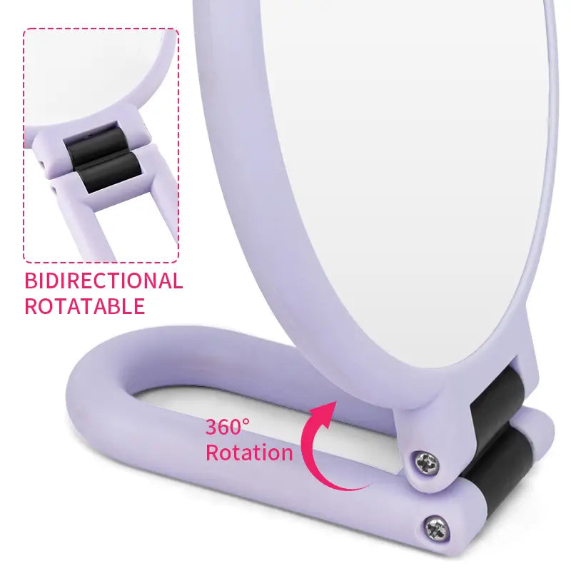 Purple 10x magnifying foldable handle mirror purple with a lavender foldable frame, 360-degree rotating base, and bidirectional rotatable hinge for versatile use.