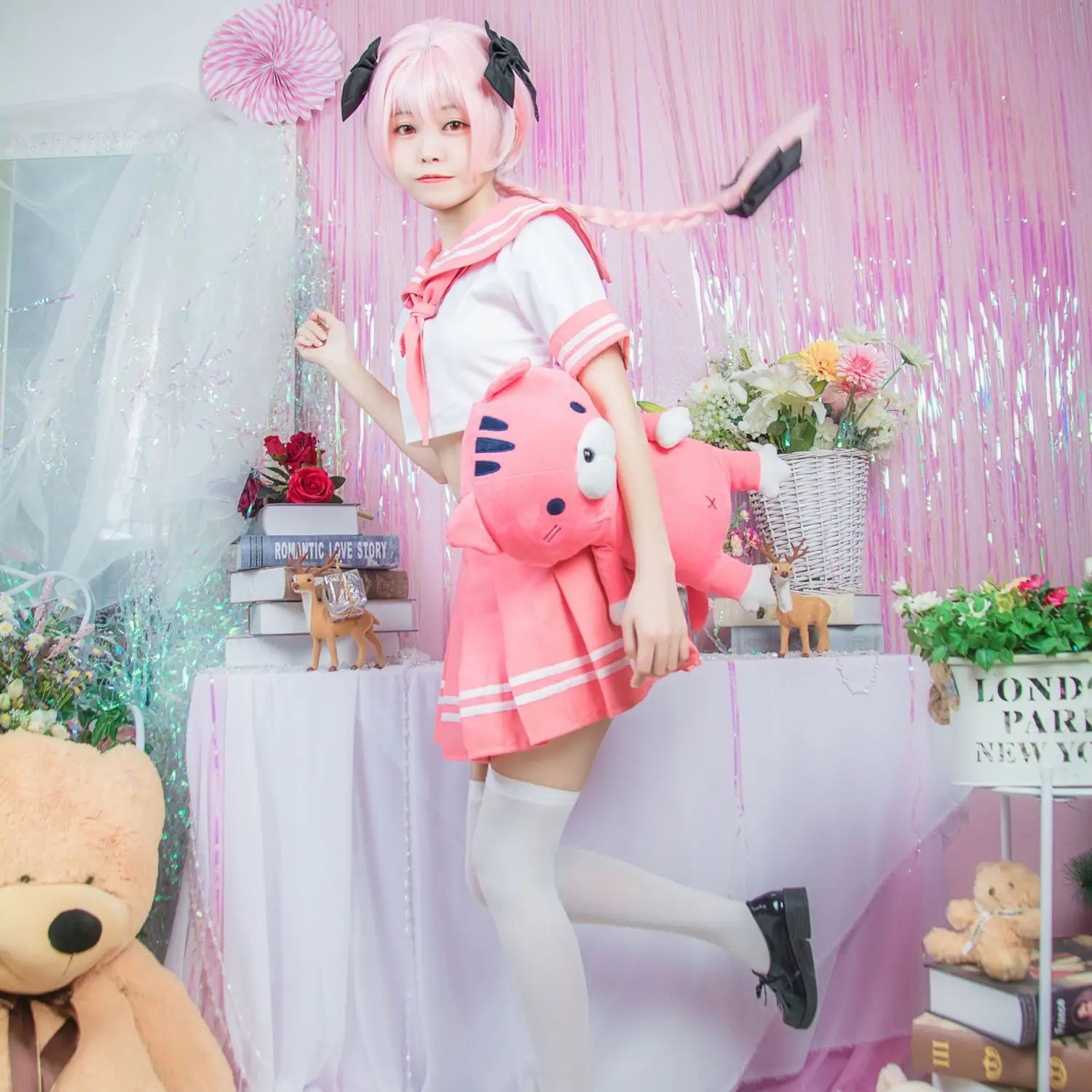 pink plush cat backpack with white accents and black bow details for sailor suit cosplay costume FGO