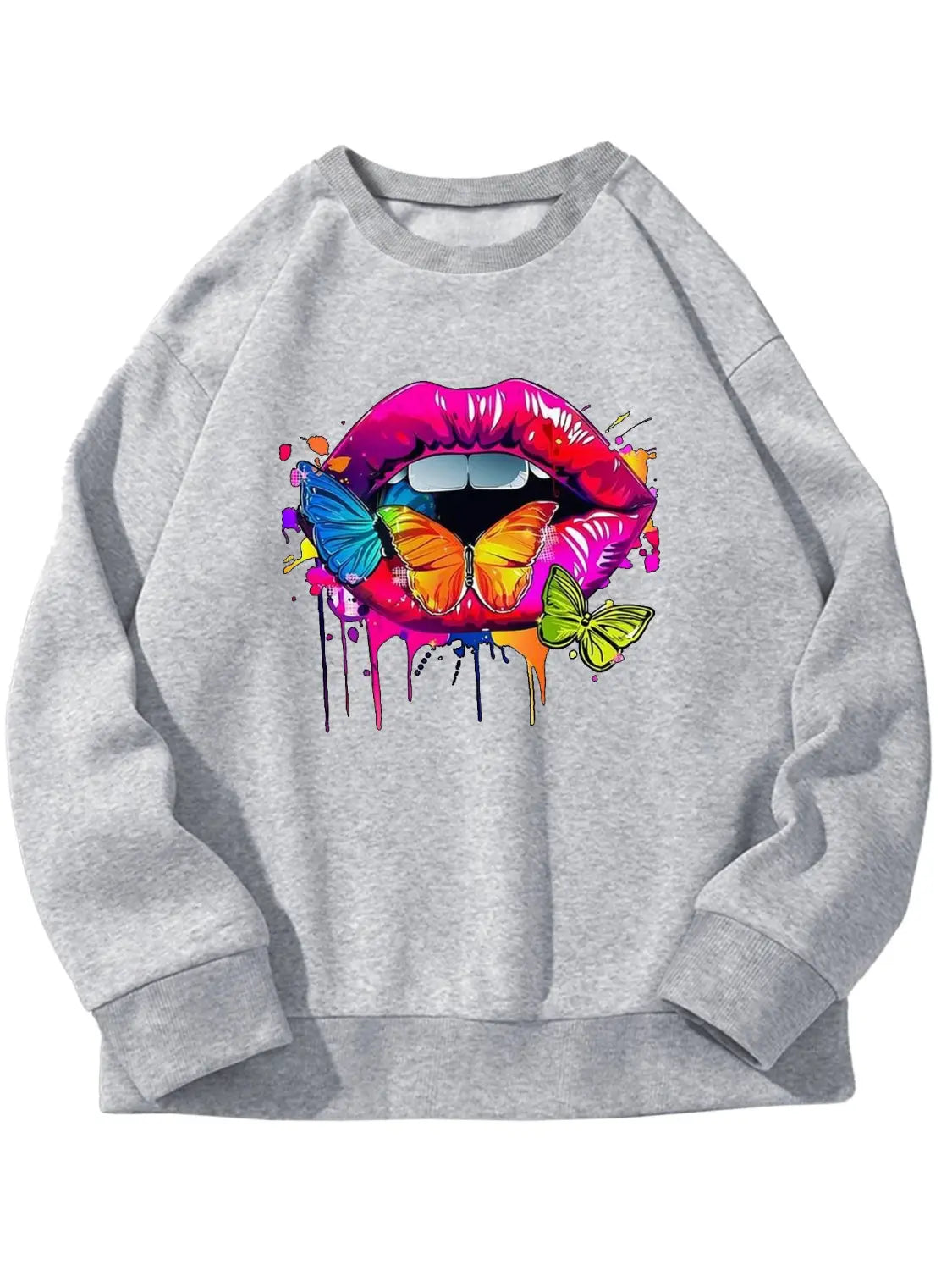 Gray crew neck sweatshirt featuring a vibrant colorful graphic of white butterfly lips with paint drips on the front.