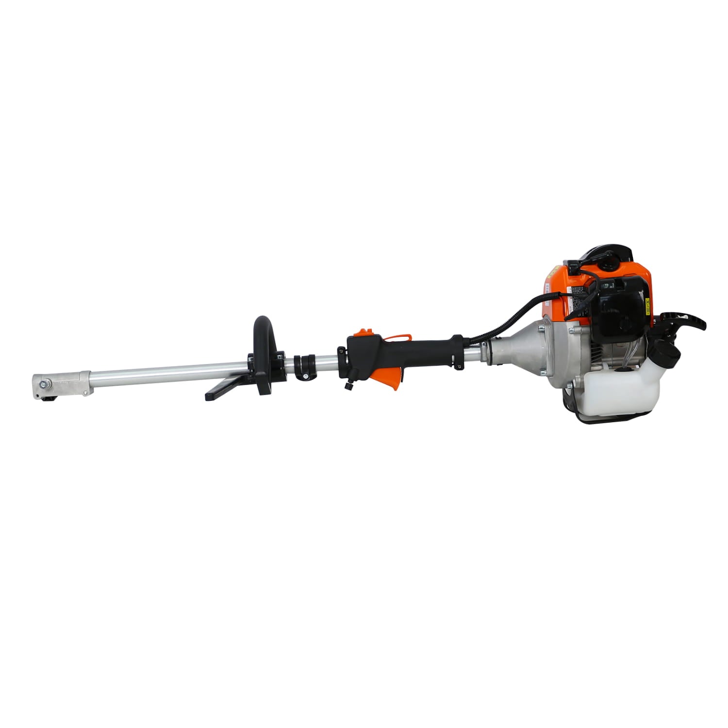 Orange and black gas-powered brush cutter with a silver metal shaft in a hedge trimmer and brush cutter multi tool set designed for efficient plastic pruning tools use.