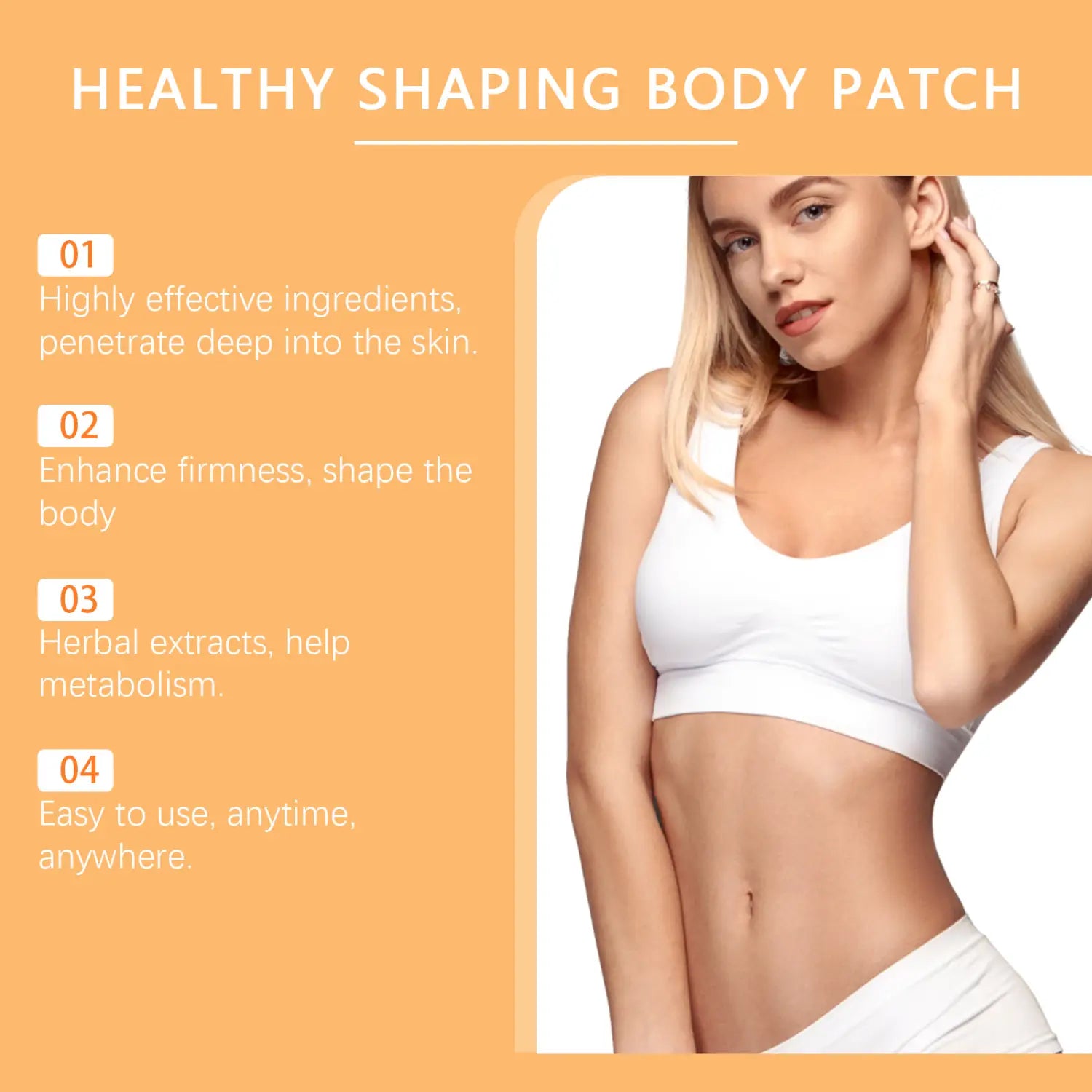 white athletic top with a scoop neckline and seamless construction featured with south moon herbal beauty shaping body patch for herbal beauty care