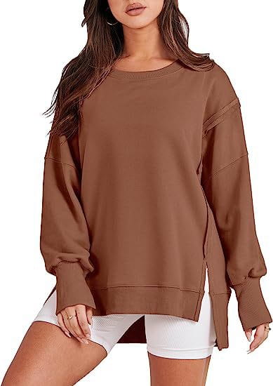 brown solid oversized sweatshirt crew neck with a relaxed fit and side slits designed for casual wear