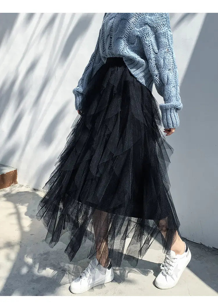 black tiered tulle skirt with flowing layered design featuring easy matching mesh stitching for versatile style options