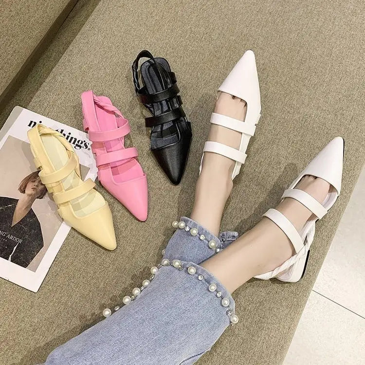 white pointed-toe strappy flats in soft leather featuring a sleek minimalist design for temperament foreign style and style single shoes.