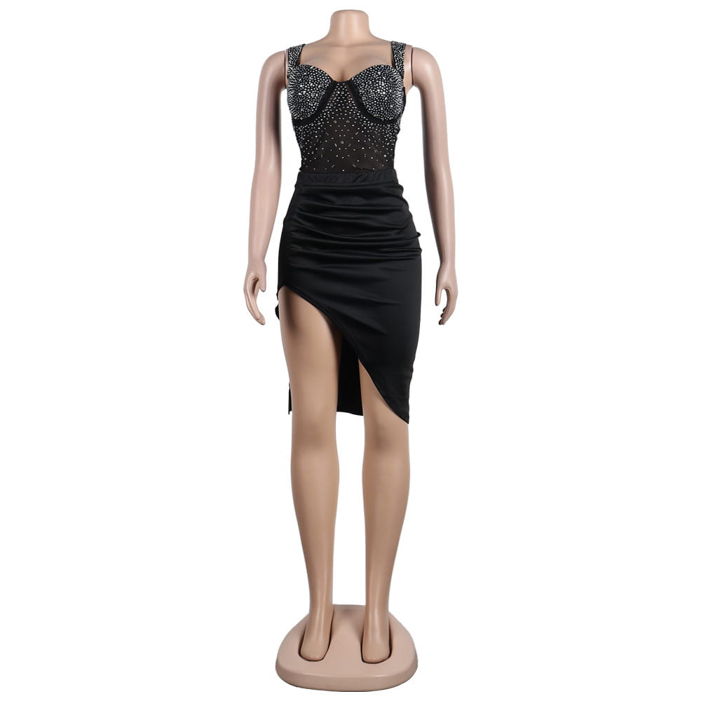 black sequined rhinestone sling backless corset top with a high slit skirt in a glamorous two-piece set two colors design