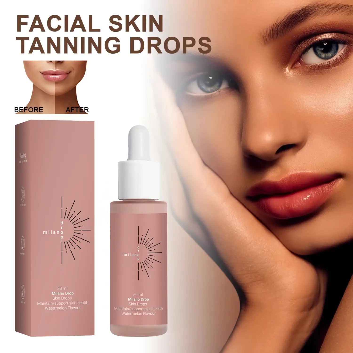 pink glass bottle with white dropper cap and minimalist logo packaged in matching pink box labeled milano drop facial skin tanning drops watermelon tanning face serum with skin repair drops for face serum face use