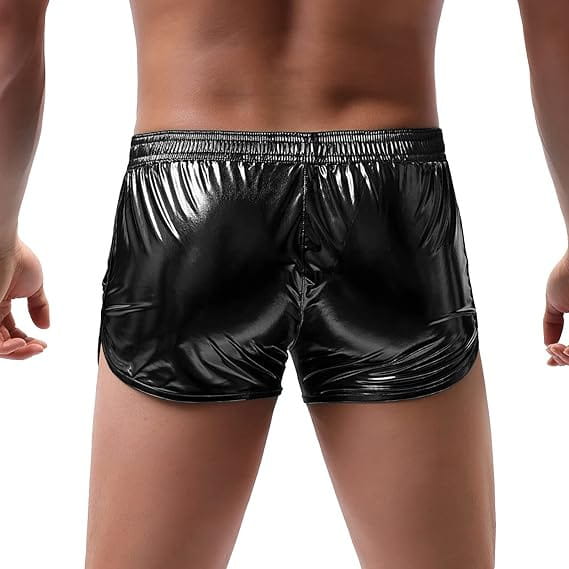 black shiny metallic mens loose casual shorts with a sleek form-fitting design in a trendy style