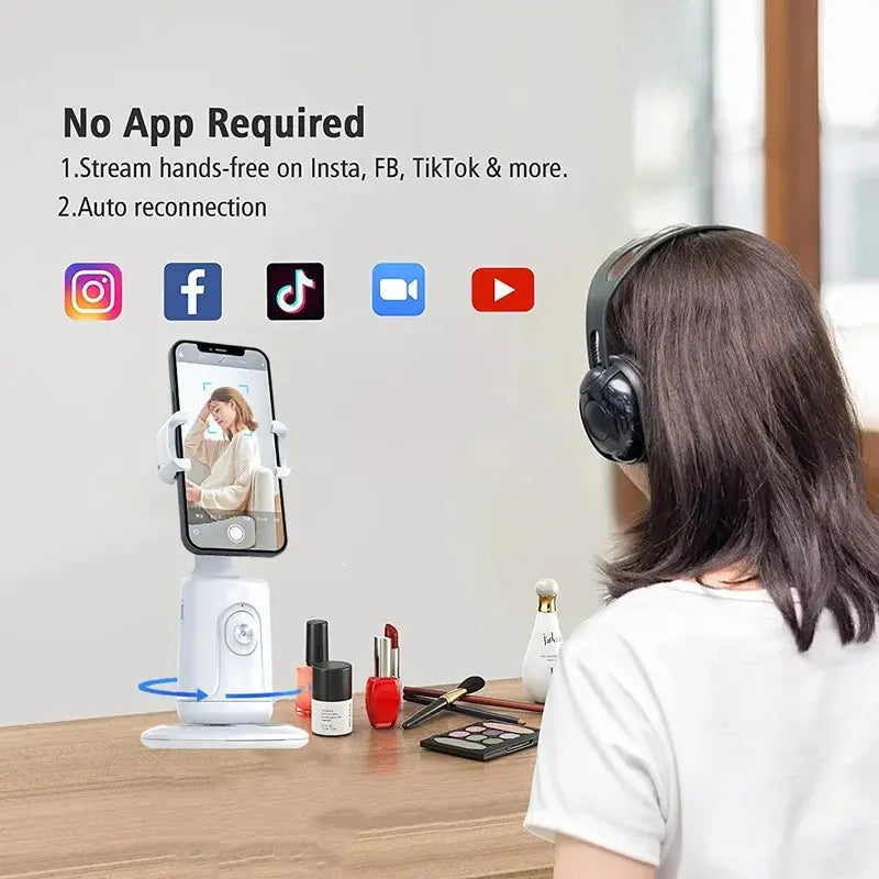 white smartphone streaming stand with rotating base and adjustable clamp designed as an ai smart face tracking phone holder with face tracking gimbal functionality